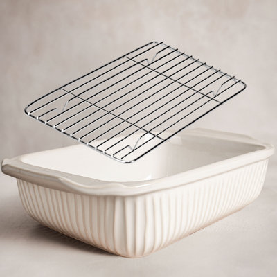 Artena 5.1Qt Ceramic Casserole Dish with Rack & Handles, Rectangular Deep Baking Pan, Large Oven Safe Lasagna Pan - White