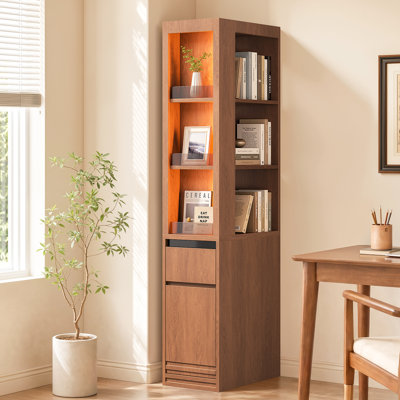 71" Narrow Bookcase with 2 Drawers & LED Lights, Display Cabinet with Charging Station, BookShelf with Storage & Anti-Tip Kit for Living Room Home Office