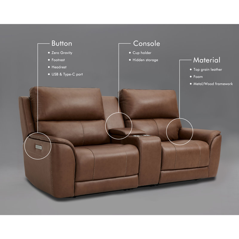 Causeuse inclinable en cuir surdimensionnée triple avec soutien lombaire zéro gravité et ports USB-C, Brun