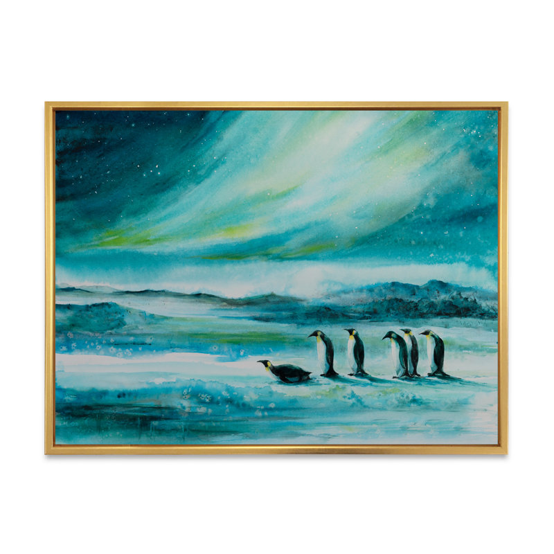 «Penguins Ice Landscape», impression sur toile encadrée, H 8 po x l 12 po x P 1,5 po, Cadre flottant doré
