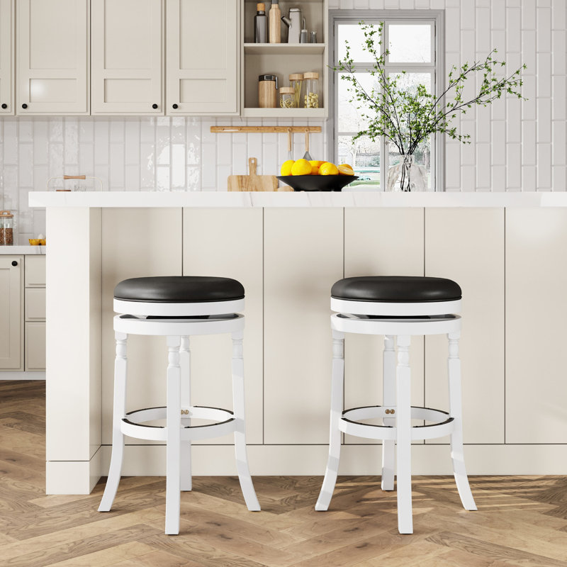 Tabouret de bar 30 po au fini blanc, siège en cuir noir, fabriqué pour durer, tabouret pivotant, siège noir, structure en bois massif, rotation à 360 °