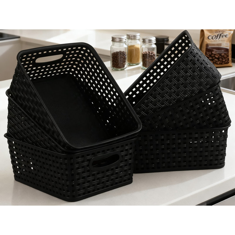 Plastic Weave Storage Baskets Set Of 6, Multi-Purpose Organizer Bins With Handles For Home Office Organization