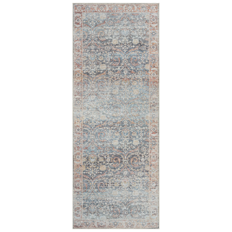 Washable Non-Slip Traditional Rug - Ocean Blue / Brick Area Rug, Runner 2'6" x 12'