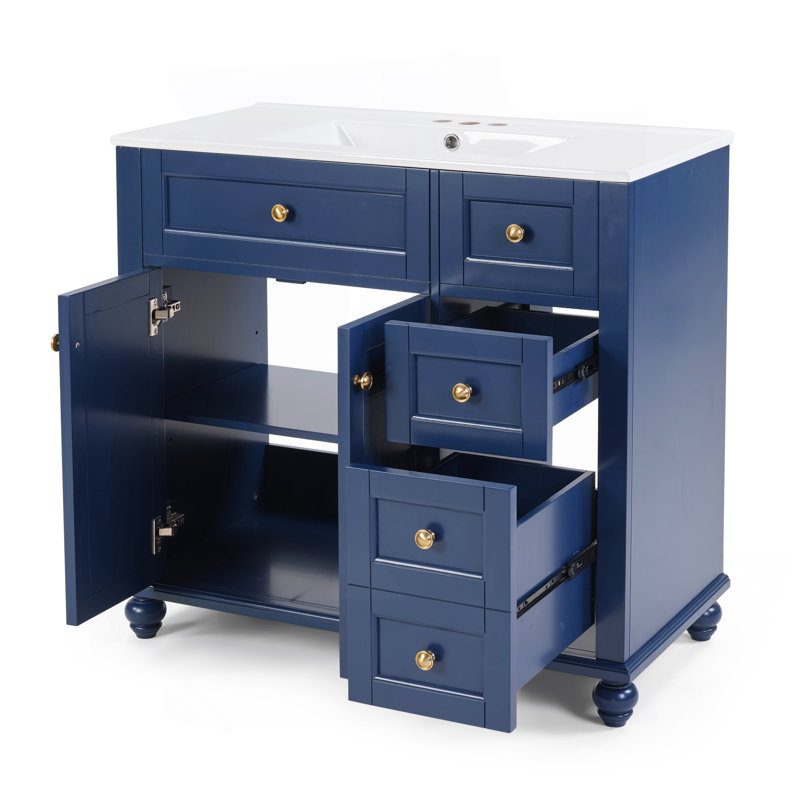 Meuble-lavabo bleu 36 po avec lavabo en céramique 36 po avec tiroirs à fermeture en douceur, structure en bois massif, rangement multi-organisateur