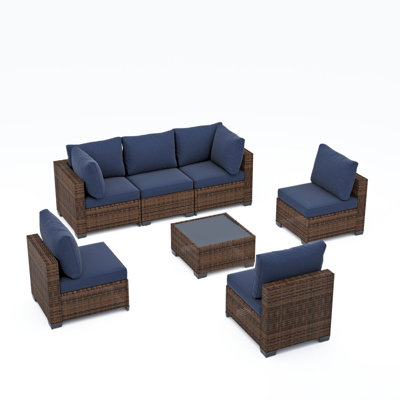 7 Pieces Outdoor Patio Furniture Set, Wicker Sectional Sofa Set Rattan Modular Patio Conversation Sets with Cushions Couch Set & Coffee Table for Outside, Garden, Balcony, Porch