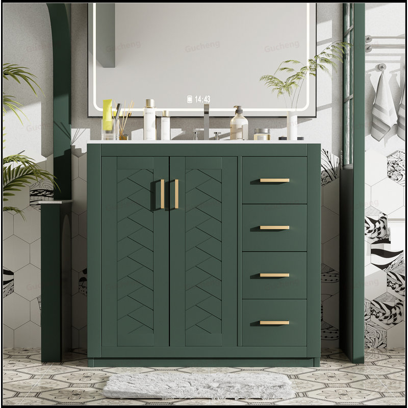 Meuble-lavabo sur pied 36 po avec 3 tiroirs et lavabo, Vert