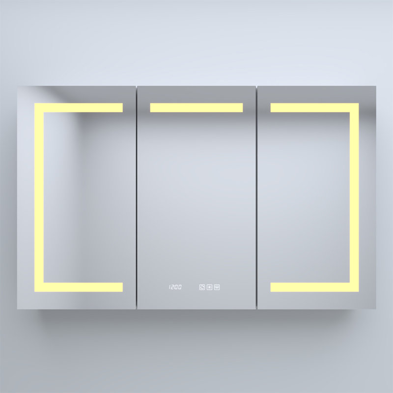 48 po L 30 po H Pharmacie rectangulaire en aluminium argenté encastré / à fixation en surface avec miroir DEL et horloge