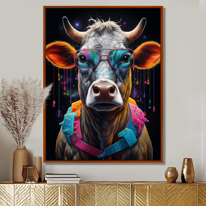 Vache avec lunettes de soleil bleues fraîches, Toile avec cadre brun, H 40 po x l 30 po x P 1,5 po