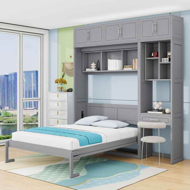 Lit escamotable mural avec tablettes de rangement, tiroir et bureau, Gris, Grand