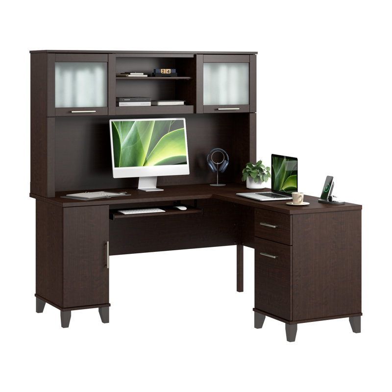 Bureau en L 60 po avec huche et rangement Paelynn, bureau d'ordinateur d'angle, bois moderne, cerisier moka, Cerise mocha