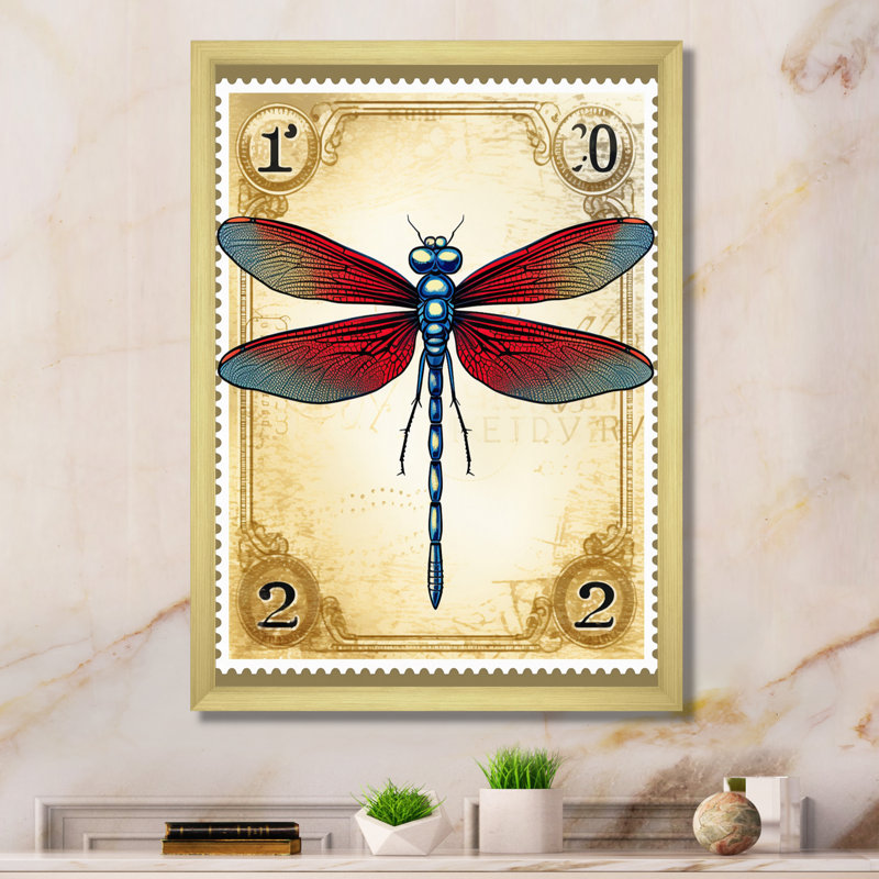 Illustration rétro de la libellule rouge, H 40 po x l 30 po x P 1,5 po, Encadrement doré