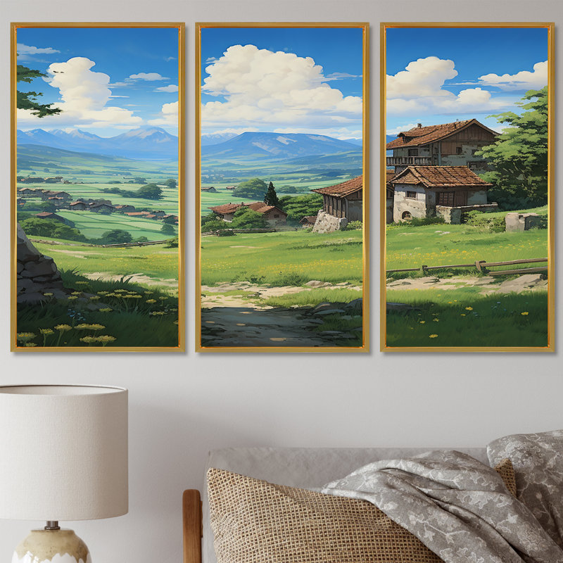 Maison de campagne dans un champ vert, ciel bleu - ensemble de salon d'art mural paysage, Cadre flottant doré