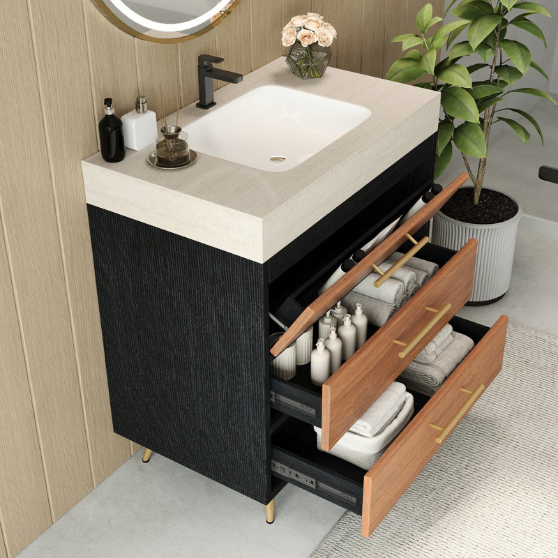 Meuble-lavabo de style Mid-Century de style moderne avec lavabo vasque en céramique intégré, plateau en pierre frittée teintée et compartiment inclinable pour une pierre à gratter minimaliste à récupération rapide, un drain réglable