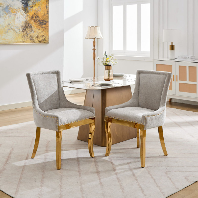 Chaises de salle à manger rembourrées avec pieds en plaqué or Liora Modern Glam Chenille, Beige