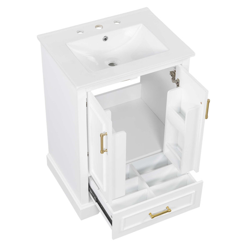 Meuble-lavabo 24 po avec lavabo, armoire en panneau de fibres à densité moyenne avec cadre en bois massif, 1 tiroir divisé et 2 portes à fermeture douce avec double tablette sur la porte, meuble-lavabo autoportant