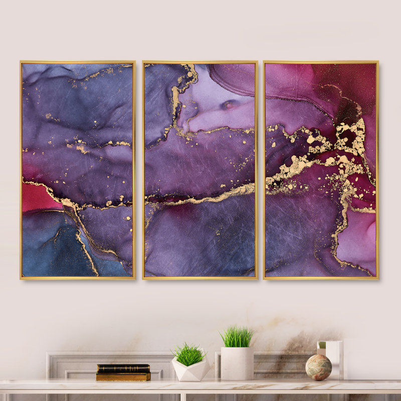 «Mauve Luxury Abstract Fluid Art II», 3 pièces, cadre flottant, impression sur toile, L 36 po x H 28 po, Cadre doré
