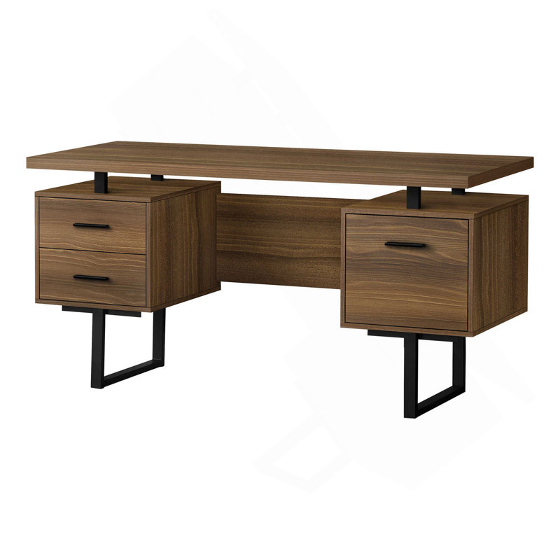 Bureau d'ordinateur, bureau personnel, ordinateur portable, installation à gauche, à droite, tiroirs de rangement, l 60 po, travail, stratifié noyer, métal noir, contemporain, moderne