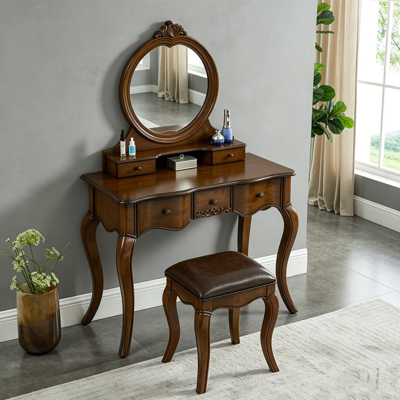 39.37"American-style brown solid wood dressing table with a mirror
