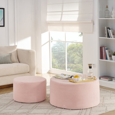 Set of 2 Pink Cylindrical Ottomans, Foam Filled, Modern Portable Lounge Stools