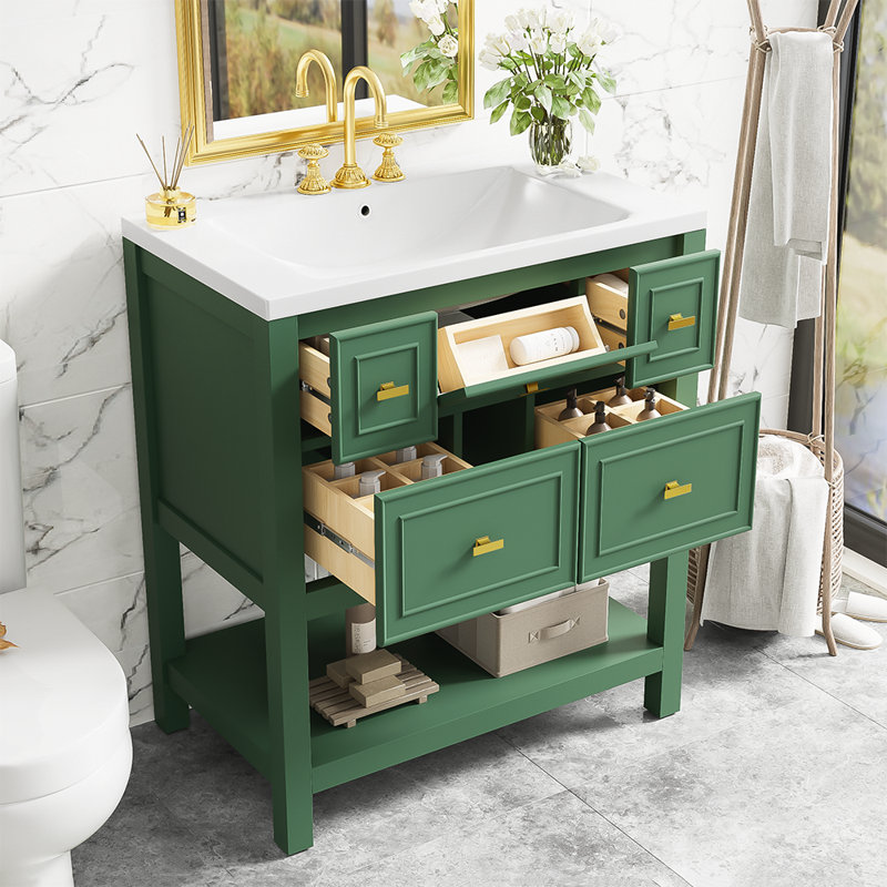 Ensemble de meuble-lavabo simple avec 5 tiroirs, Vert
