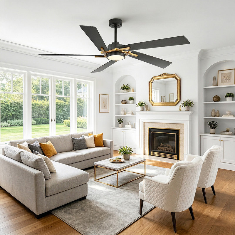 64in 6 Plywood Blades Indoor Standard Ceiling Fan with Integrated LED and Remote, Black, Black and Gold