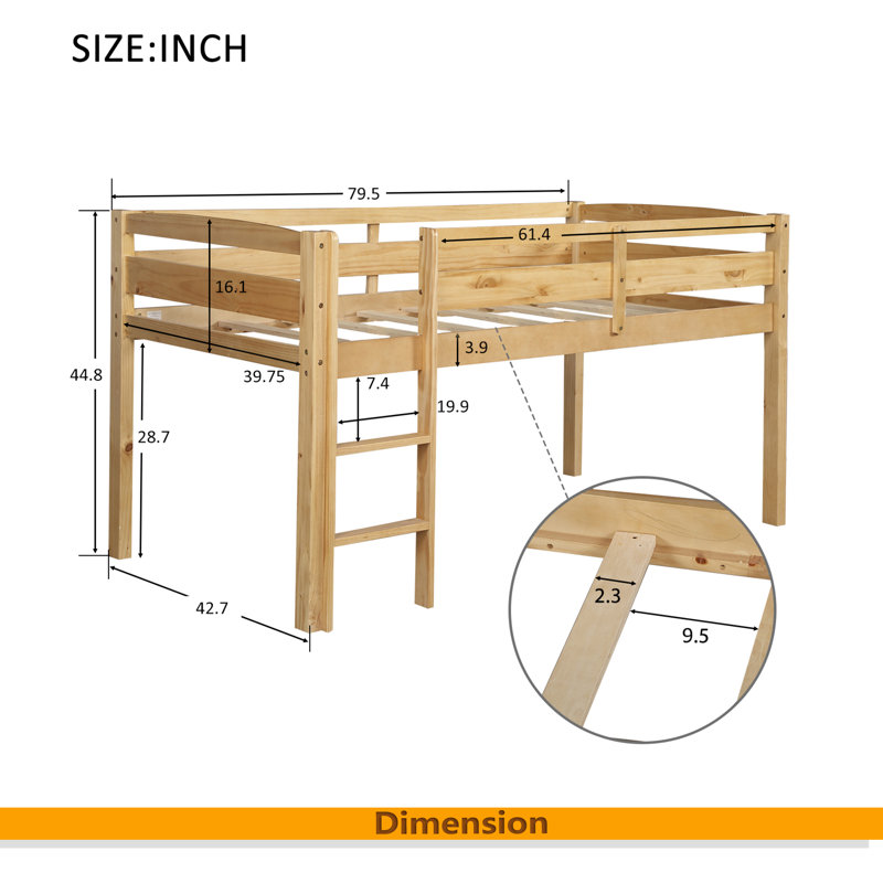 Twin Wood Loft Bed Low Loft Beds With Ladder,Twin, Walnut