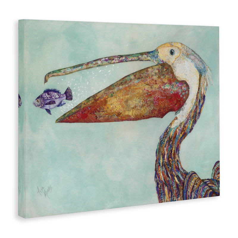 Pelican's Lost Supper, poisson et plumes à motifs par Lisa Morales - impression d'art graphique, H 16 po x l 20 po