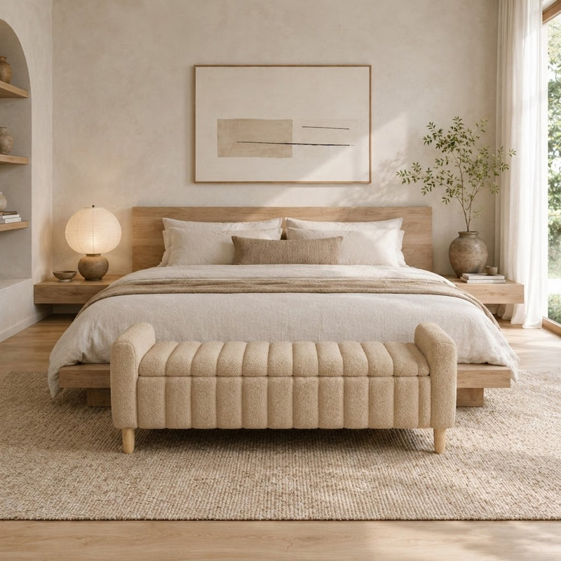 Siège de fenêtre contemporain à compartiments cachés profonds et pieds en bois massif pour le salon et la chambre à coucher