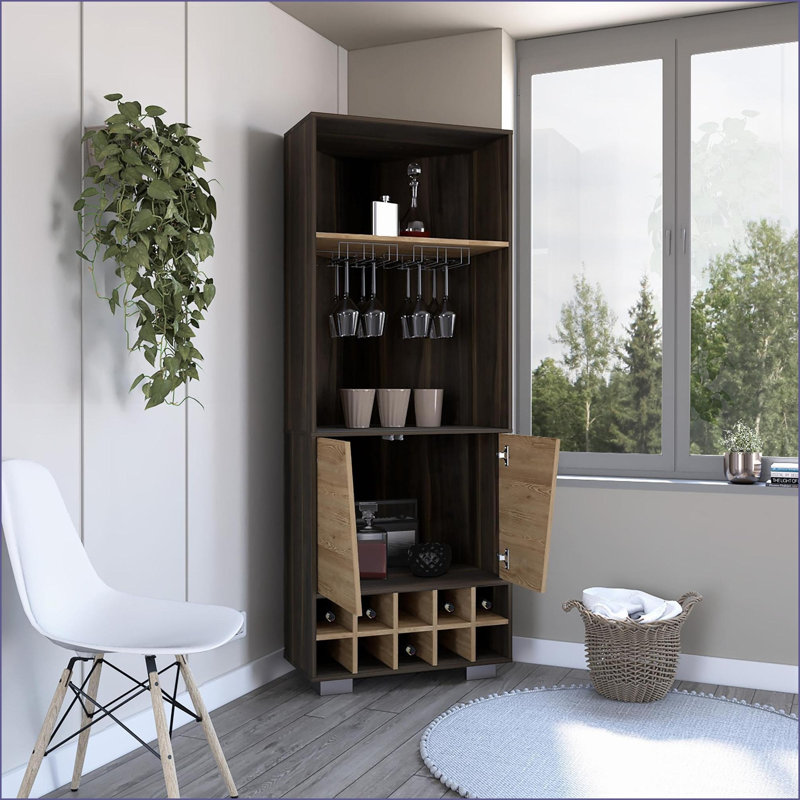 Bar d'angle avec porte-bouteilles de 10 bouteilles, porte double et amp; 2 tablettes | Moderne | Panneau de particules