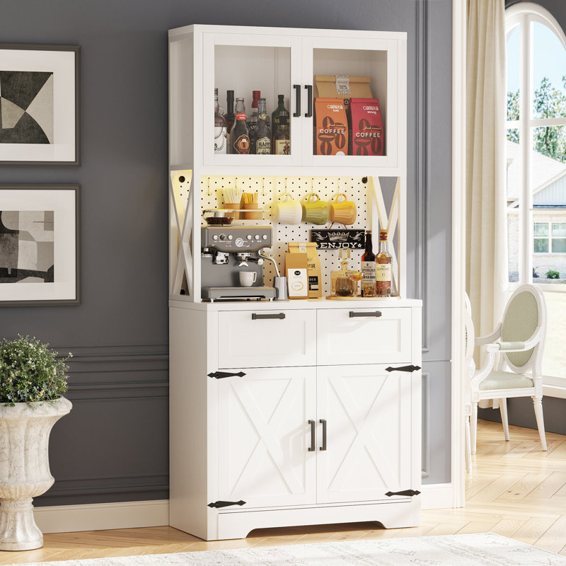 Armoire de rangement 71 "avec prise de courant, grande armoire de rangement avec support pour micro-ondes, Blanc
