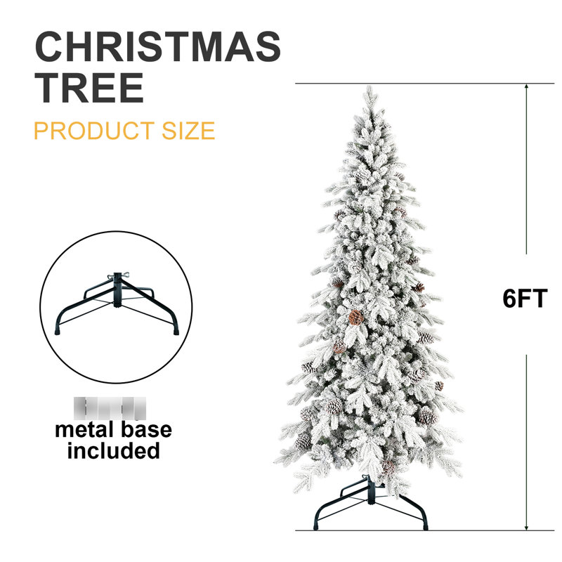 Arbre de Noël en forme de pe 7,5 pi, 1424 pointes, conception mince, support en métal stable, branches réalistes à charnières hivernales, esthétique enneigée