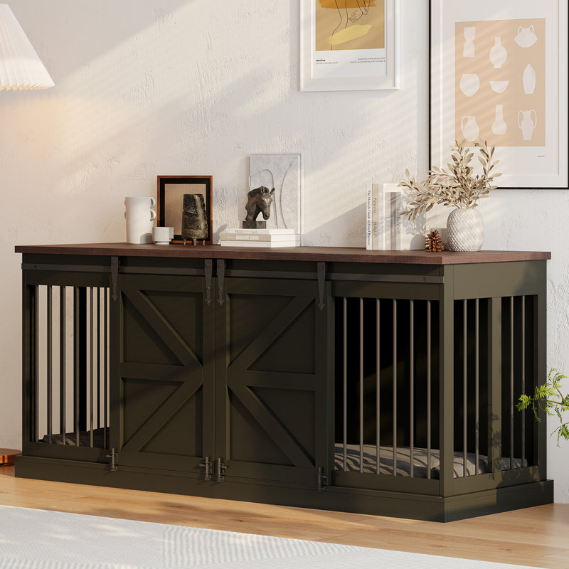 Dog Crate Furniture Indoor Wooden Dog Kennel With Room Divider & Sliding Barn Door 71”x23.6”x31.5”H, Black