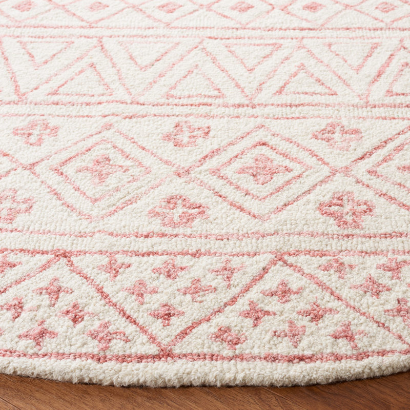 Bewe Hand Tufted Wool/Cotton/Latex Geometric Rug in Ivory/Pink, Round 6'