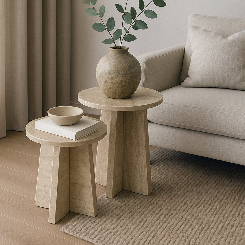 Travertine-Style Round Nesting Side Tables Modern Coffee Tables Set of 2
