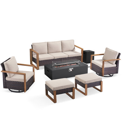 Bruner 6-Piece All Weather Wicker Patio Fire Pit Table Conversation Set With Hidden Tank Holder, Swivel Gliders And Ottomans