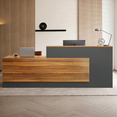 Bureau de réception en L avec comptoir, comptoir avant moderne avec armoire de rangement, tablettes ouvertes, tiroir verrouillable et plateau à clavier pour le bureau, le hall d'entrée et la caisse