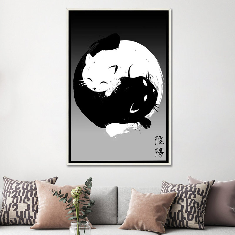 Yin Yang Cats, No Mat, 60" H x 40" W x 1.5" D, Distressed White Floater Framed Canvas