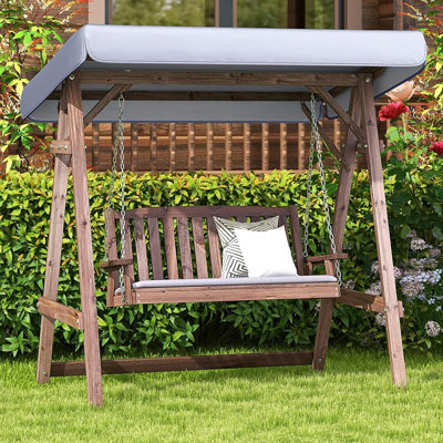 Balançoire d'extérieur Rame avec auvent réglable, coussin, accoudoirs, chaîne de suspension réglable, balançoire de patio avec support en bois pour jardin, cour arrière, terrasse