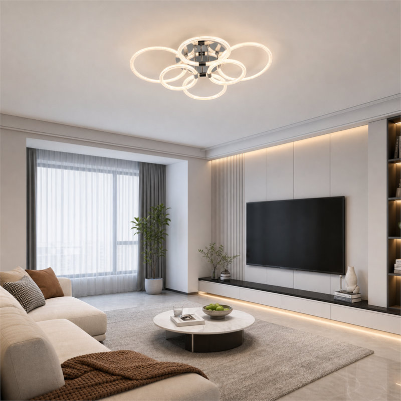 Plafonnier moderne DEL en acrylique à 6 anneaux, lampe encastrée à intensité variable avec télécommande, 6 têtes d'éclairage pour la maison et le bureau