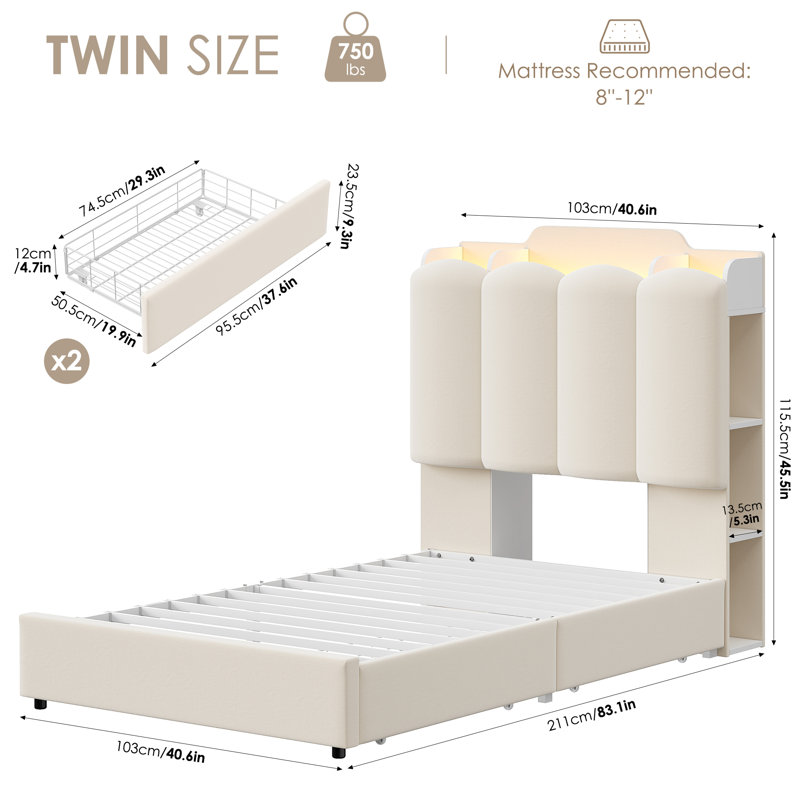 Structure de lit tapissier avec éclairage DEL, ports USB, casiers latéraux et 2 tiroirs de rangement sous le lit, lit plateforme moderne crème