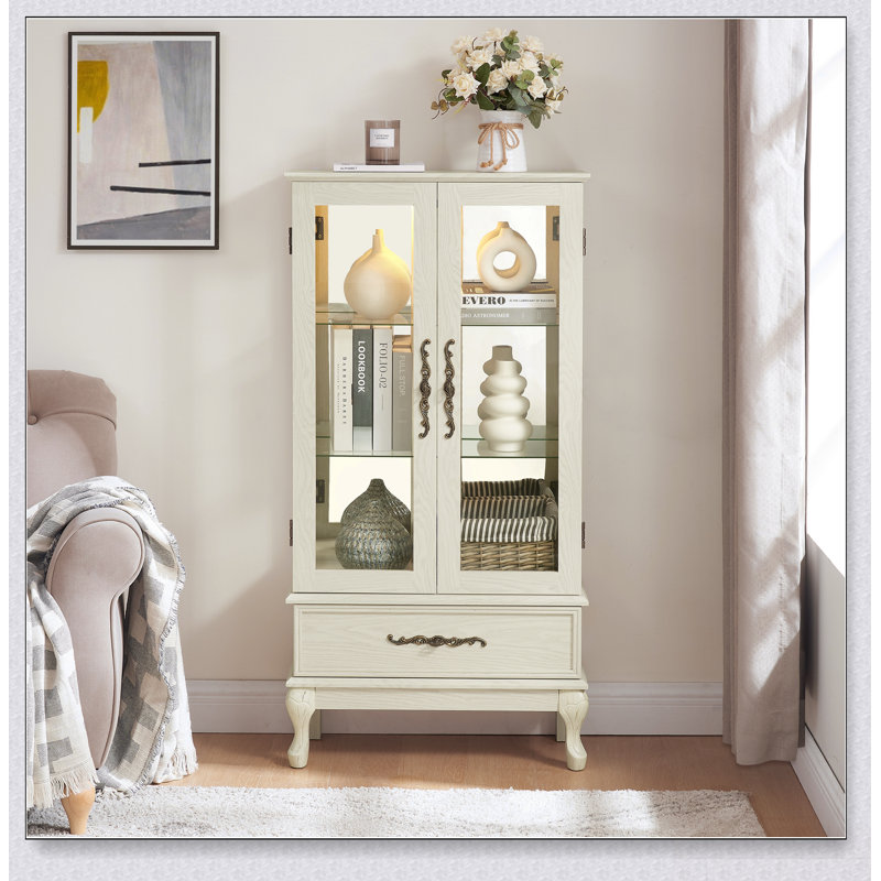 Curio Cabinet With Lighted Glass, Adjustable Shelves, And Elegant Finish For Displaying Collectibles, Antique White
