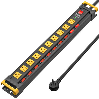 Green Box Innovations 10 Outlet Heavy Duty Power Strip with Individual Switches, Metal Surge Protector Power Strip Flat Plug,3300J Overload Protection, 6FT Cord Management, Wall Mount,Wide Spaced