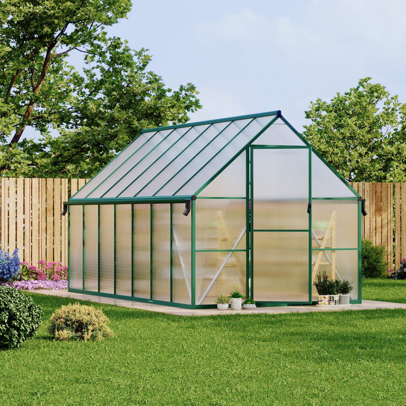 Heavy Duty Large Walk-In Outdoor Polycarbonate Greenhouse Kit with Aluminum Frame, Double Swing Doors, Roof Vent & Rain Gutter for Effortless Setup, 8x14 FT (Green)