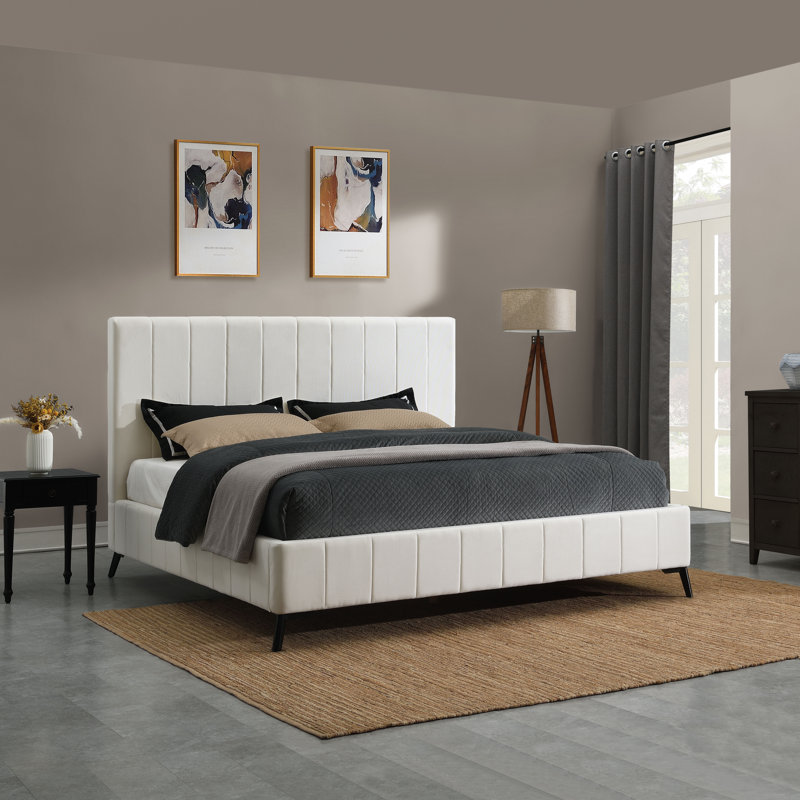 Bahoque Upholstered Platform Bed, Très grand, Ivoire