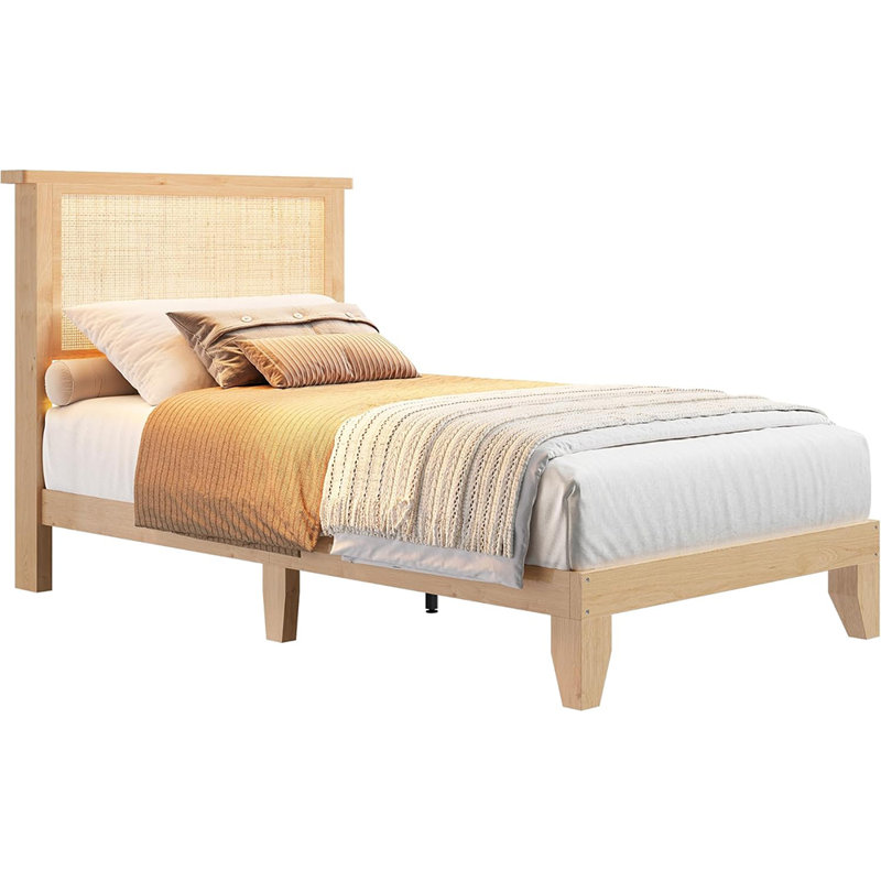 Base de lit simple en bois de rotin avec lumière DEL et tête de lit naturelle, support de lattes en bois robuste, aucun sommier requis
