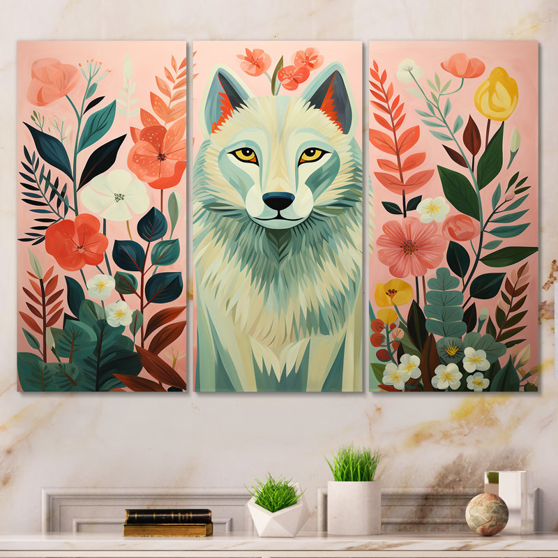 Portrait de loup bohémien rose et vert V - loup, art mural, Toile tendue, H 32 po x l 48 po