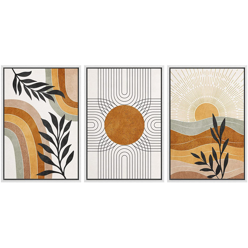 Mid-Century Geometric Sun Desert Plants - 3 Piece Floater Frame Graphic Art Set on Canvas, 48" W x 24" H, White