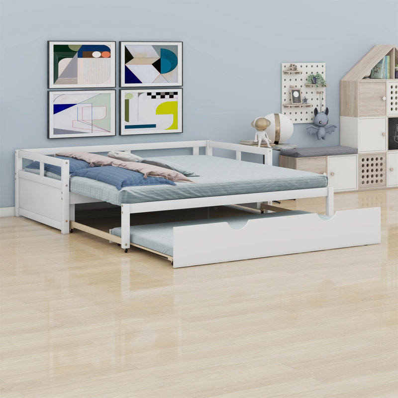 Lit de jour extensible avec couchette, lit de jour en bois avec couchette, Blanc