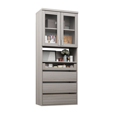 Grey Oak 25.5" Wall-Mounted Closet Section with Glass Doors, 3 Shelves & 4 Reveal Drawers