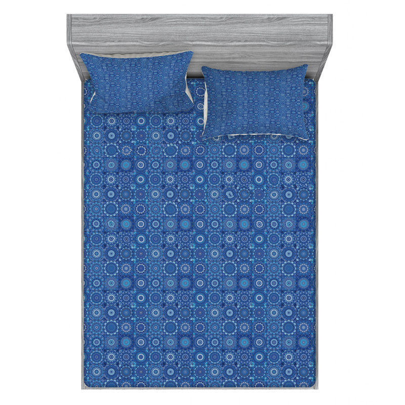 Microfiber Floral Fitted Sheet, Full Fitted Sheet with 2 Pillowcases, Mandala Patchwork